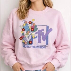 MTV Lavendar Floral Crew Neck Sweatshirt with Embroidered Details, Size Large